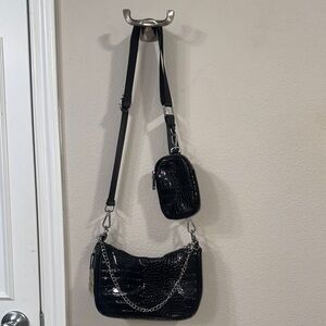 Black Croc-Embossed Shoulder Bag with Chain Detail